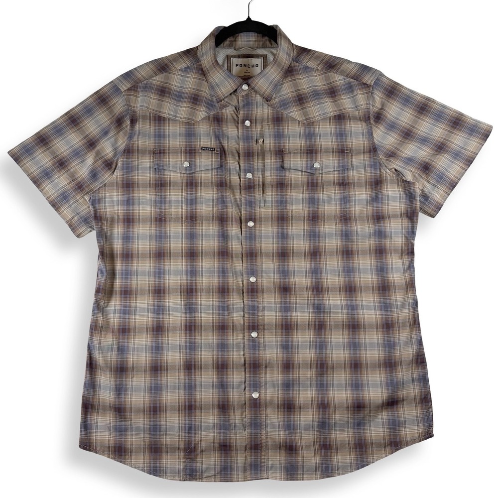 Poncho Outdoors Mens XL Slim Fit Plaid Pearl Snap Fishing Shirt Brown Western